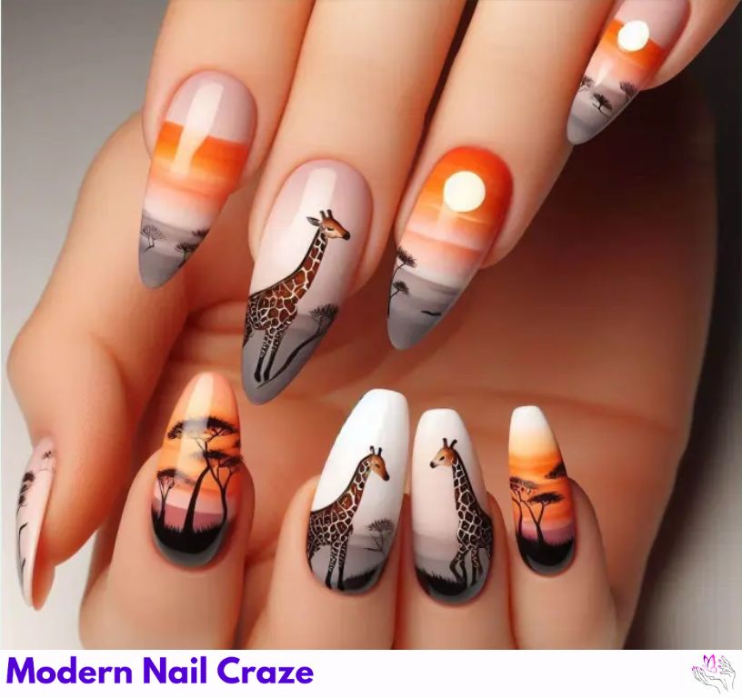 Long Tip Safari-Inspired Art: Safari-themed giraffe nail art stretched on long nails.