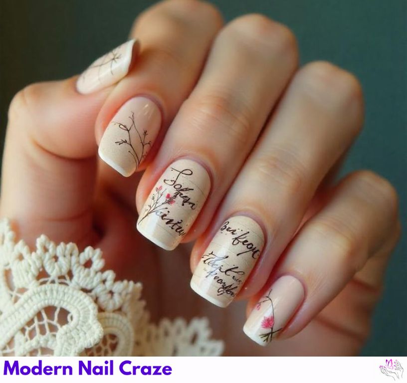 Elegant script text painted on pastel nails, styled to look like love letters for Valentine’s Day.
