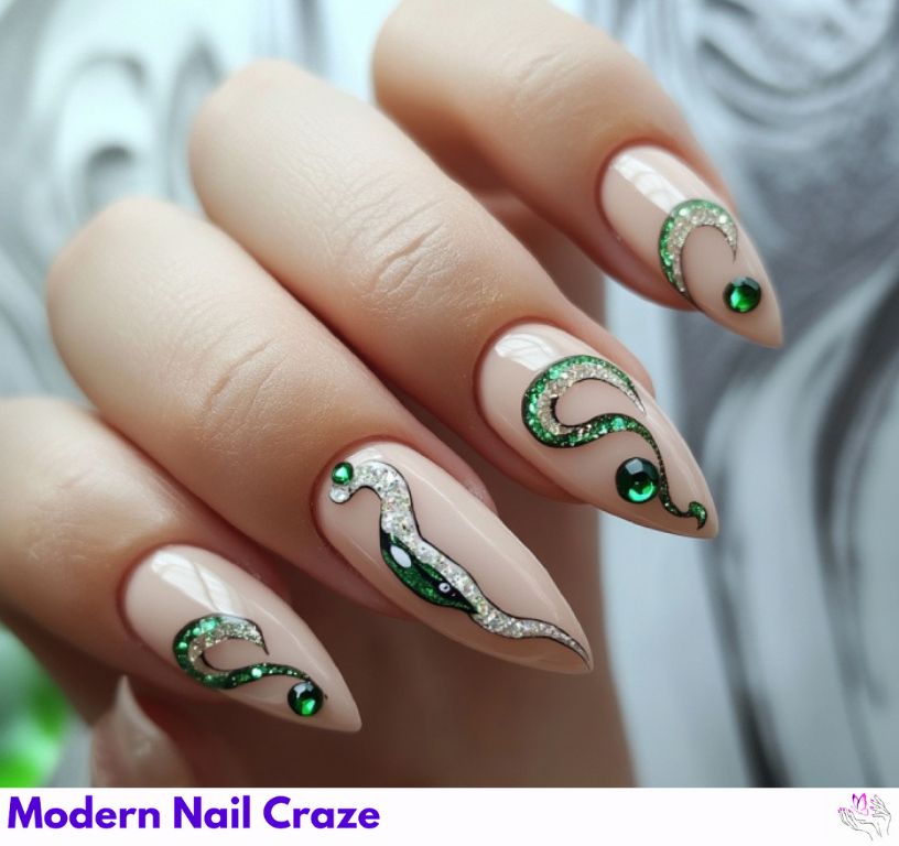 Foil-effect snake scale nails with a chrome metallic finish.