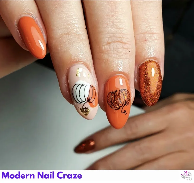 Glittery burnt orange nails with hand-painted pumpkins and line art.