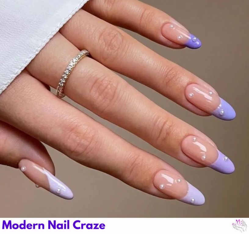 Pearl-studded French nail design showing the style, color, and seasonal trend for visual inspiration.