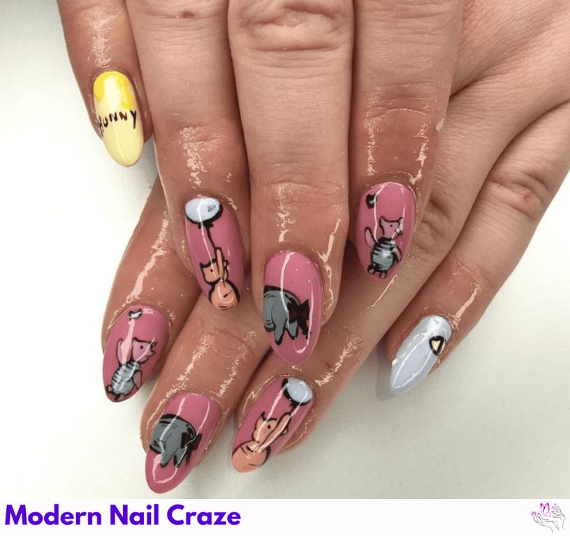Piglet Pink Nails – Baby pink nail polish with Piglet face art and heart decals.