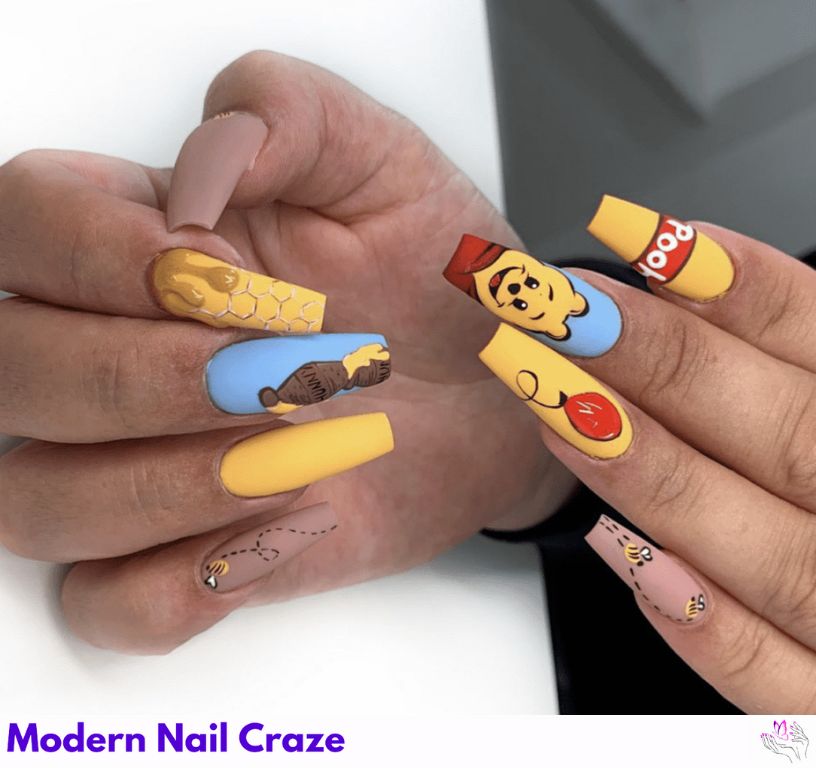 Honey Pot Nail Art – Glossy yellow nails with dripping honey effects and honey jars.