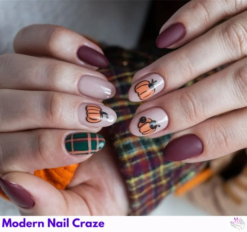 Pumpkin spice latte nails featuring an orange base with latte swirl line patterns.