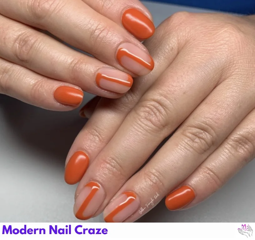 Pumpkin spice latte nails featuring an orange base with latte swirl line patterns.