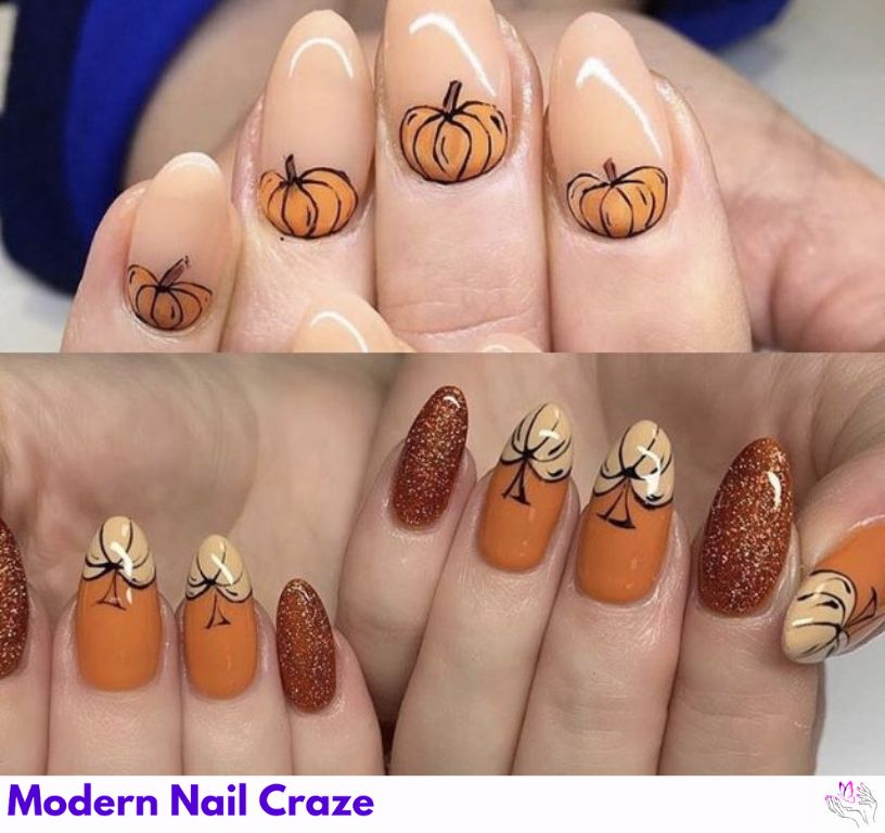 Latte-colored nails with tiny pumpkin nail art on the tips for Thanksgiving season.