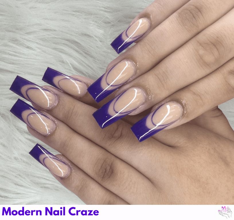 Purple French with Abstract Lines nail design showing the style, color, and seasonal trend for visual inspiration.