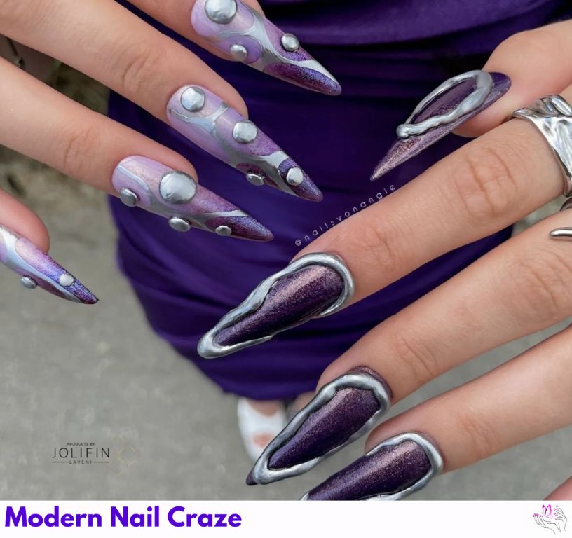 Purple and Silver Nail Art nail design showing the style, color, and seasonal trend for visual inspiration.
