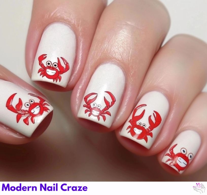 Cute red crab illustrations on seaside-themed nails.