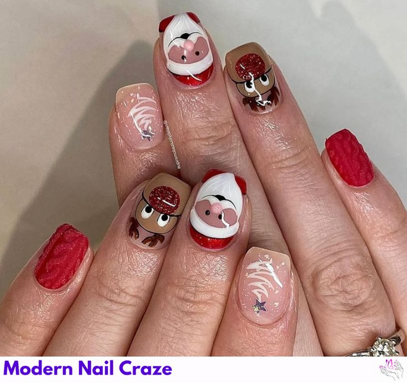 Festive nail art with Santa hats and reindeer faces for a playful Christmas look.