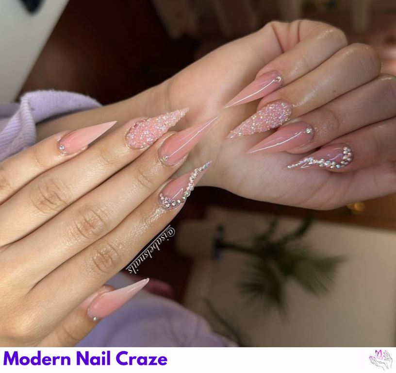 Soft sheer pink stiletto nails, elegant for modern romantic bridal looks.