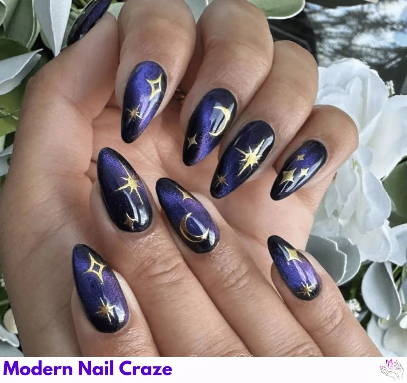 Dark blue nails with holographic stars inspired by the night sky