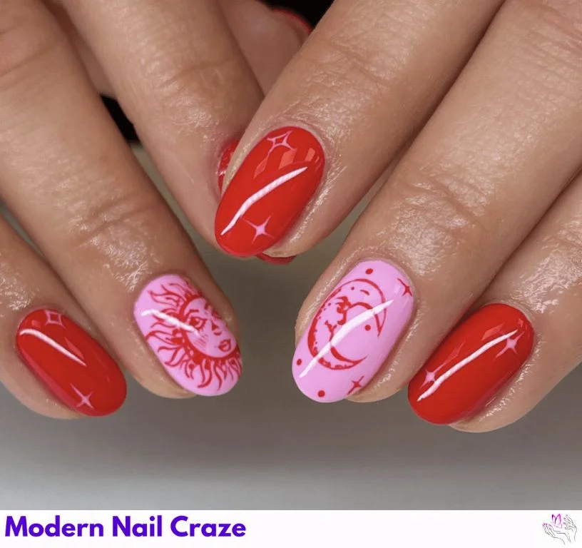 Dual-toned gel nails with celestial sun and moon symbols