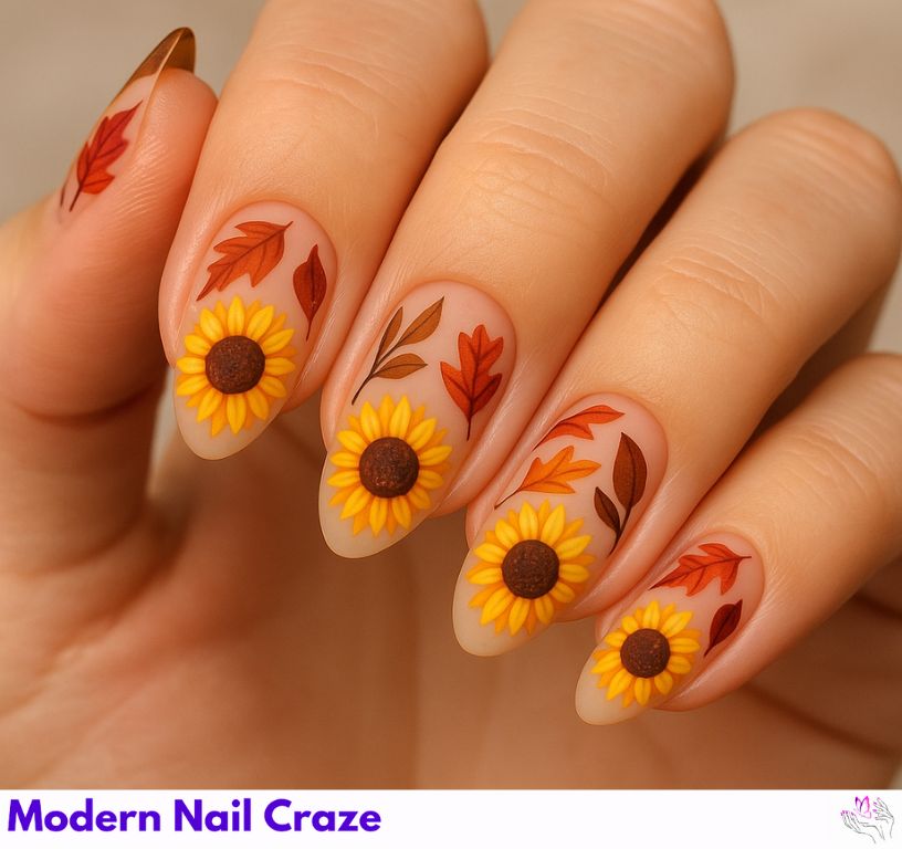 Sunflower nail design combined with autumnal leaf accents in warm tones