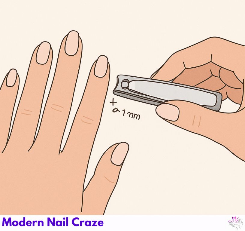 Trimming nails to medium-short length with 1–2 mm free edge visible.