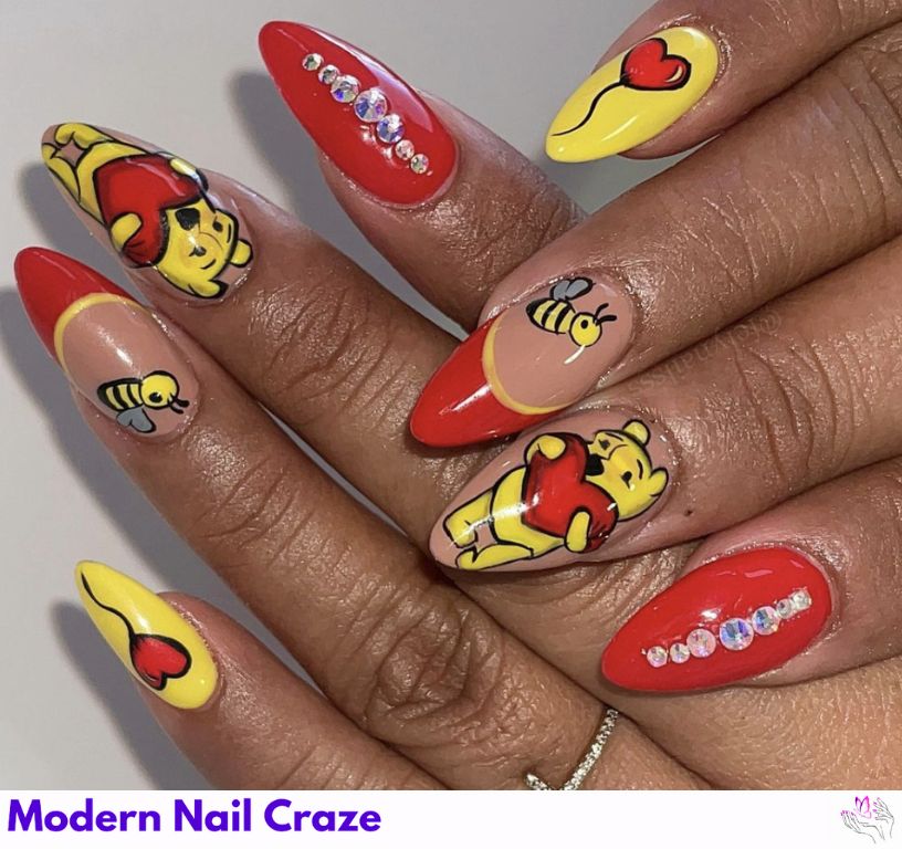 Valentine’s Day Pooh Nails – Romantic pink and red nails with Pooh hugging Piglet and hearts.