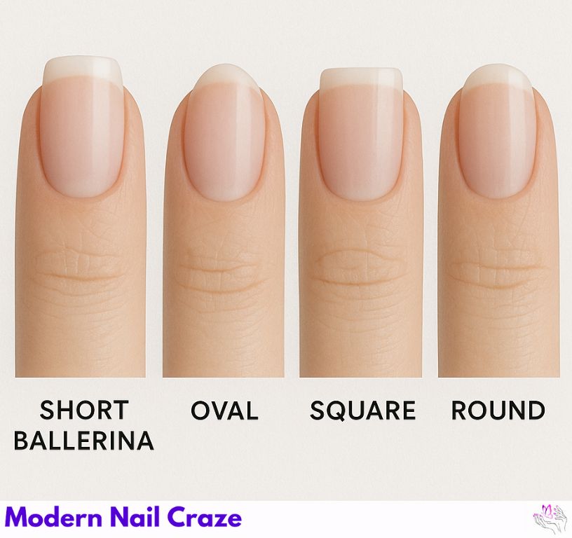 Short ballerina nails with tapered sides and flat tips for elegance.