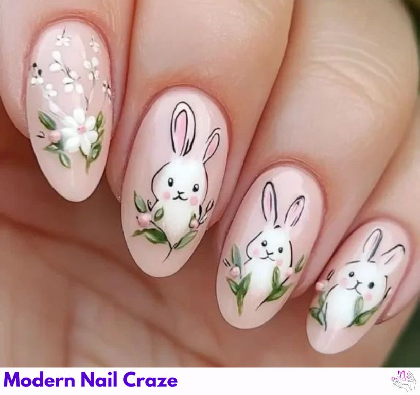 French tip nails with pink bunny ear art for Easter.