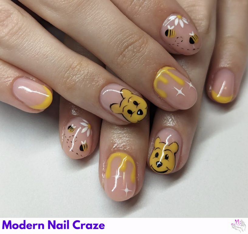 Disney Character Nail Art – Piglet, Pooh, Tigger, and more on ombré or glitter backdrops.