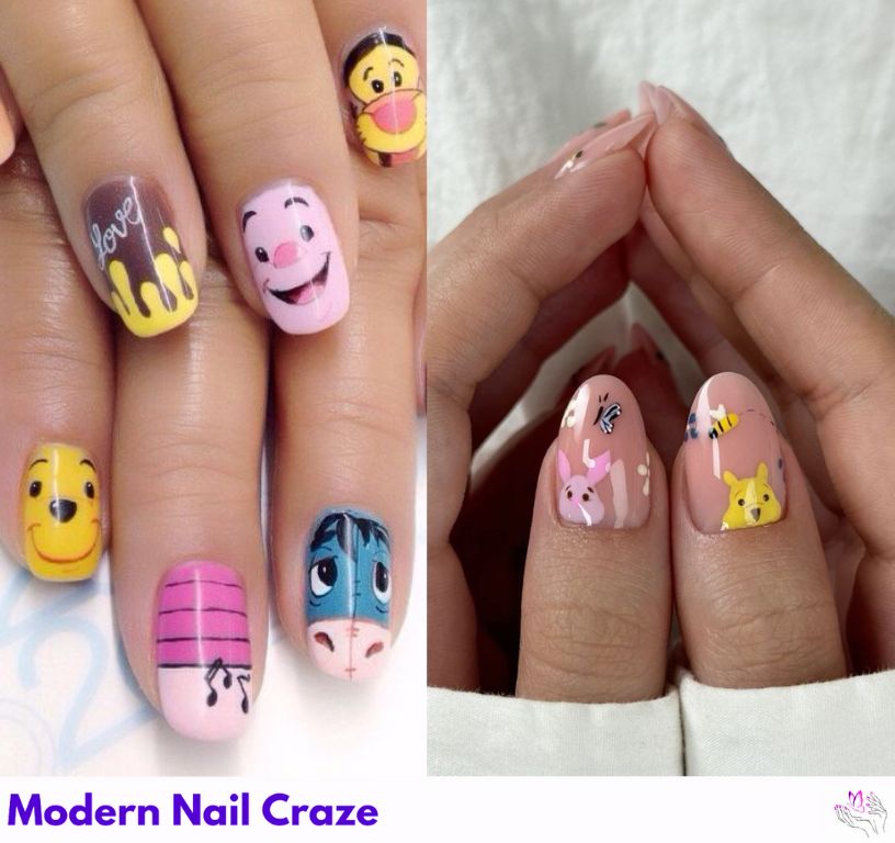 Colorful Winnie the Pooh nail art ideas with Tigger, Piglet, and honey pot designs – perfect for Disney fans