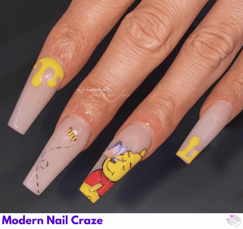 Winnie the Pooh Nude Nails – Soft nude base with minimalist Pooh bear outline art.
