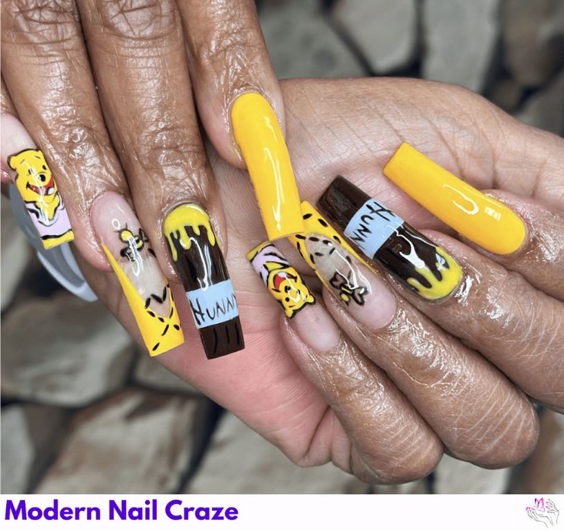 Overlay Cartoon Pooh Nails – Layered art of Pooh under translucent honey and flowers.