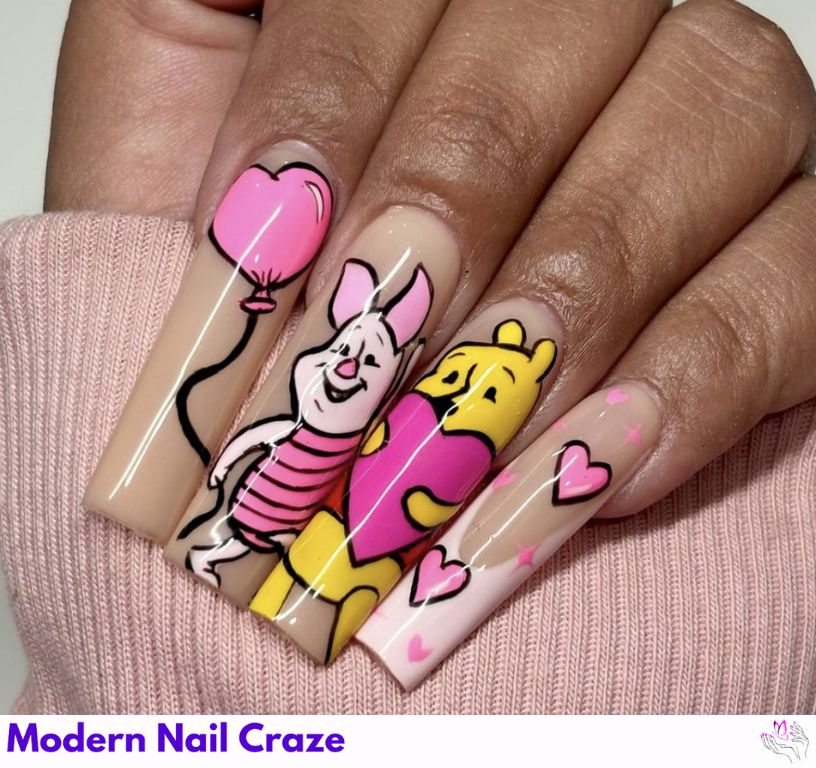 Pooh & Piglet Valentine Nails – Romantic red-and-white design with hugging Piglet and Pooh.