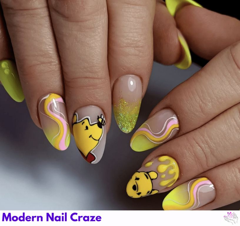Pooh Swirls Nail Art – Whimsical swirl patterns around Pooh stickers on gel nails.