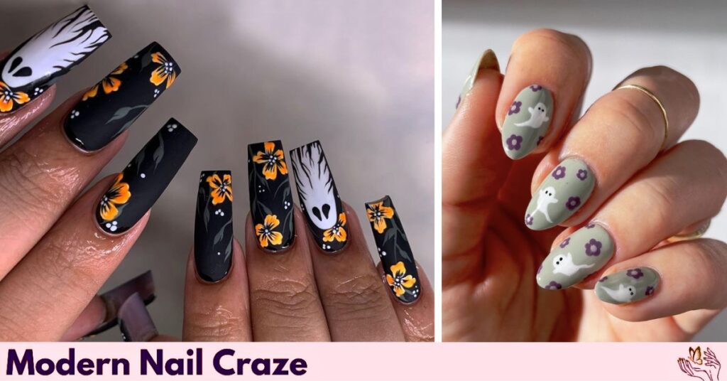 Cute, and Flowery Ghost Nail Art Designs for Halloween