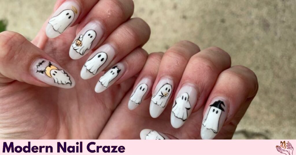 Cute Touch of Little Ghosts Nail Design with Clear Top Coat