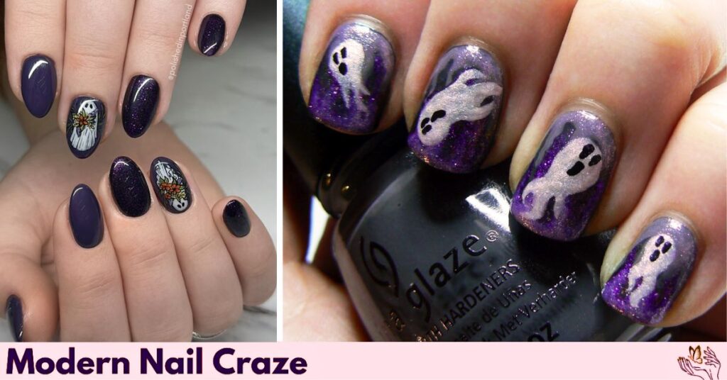 Deep Purple with Ghost Features Halloween Nail Design