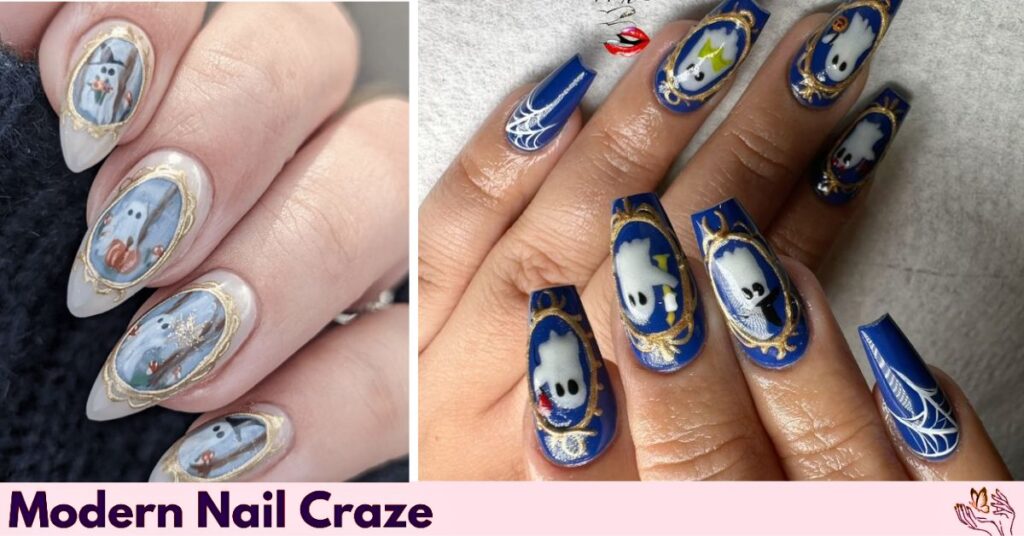 Golden Frames and Intricate Designs for Halloween Nails