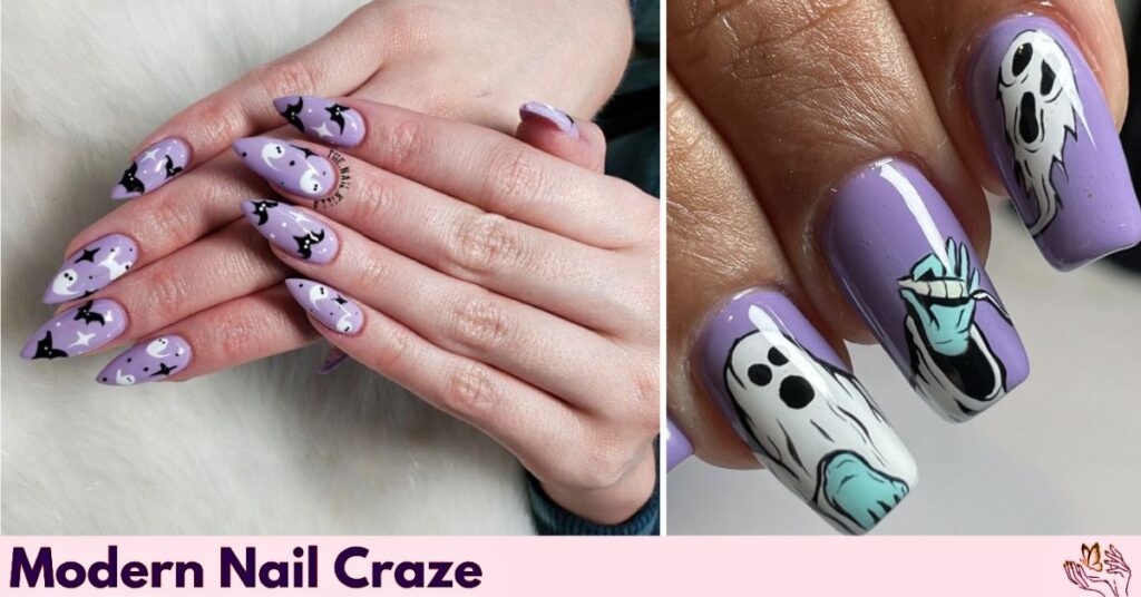 Lavender Base Color and Detailed Designs of Ghost Nail Idea