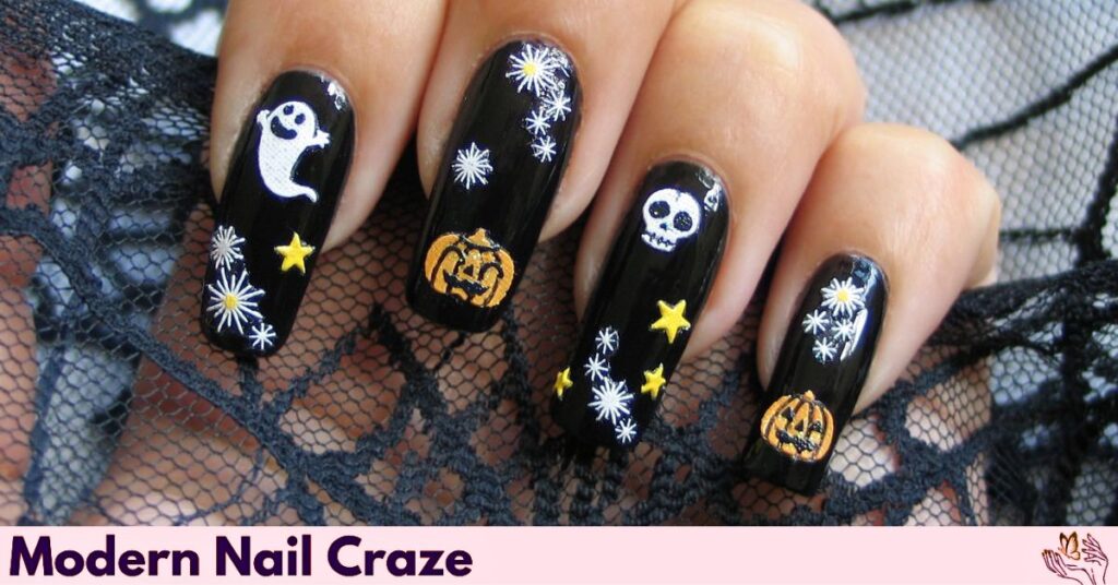 October 31st Halloween Nails with Black Designs and Cute Ghosts Art