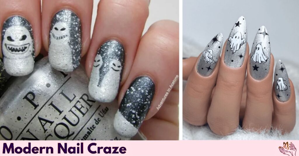 Unique Metallic Silver Ghost Nails for Halloween