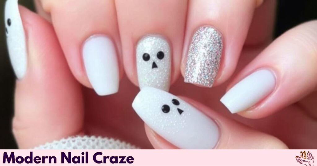 White Nail Designs and Cute Glitter Nail Art of Ghosts