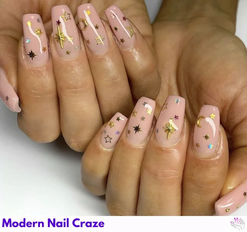 Combination of half-moon, galaxy, and star nail designs