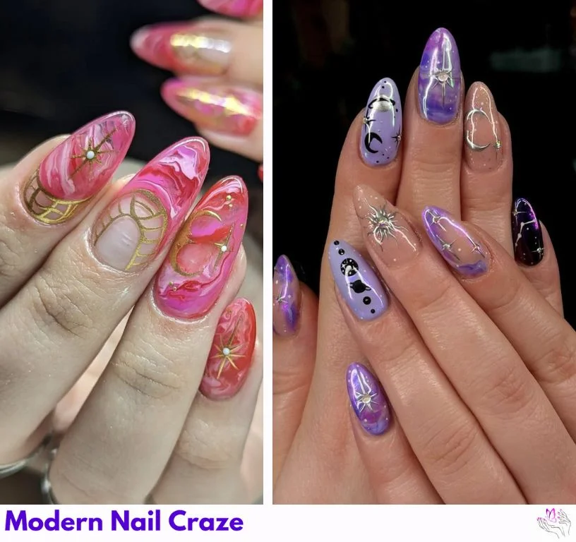 Celestial Nail Designs featuring stars, moons, and constellations on navy blue polish