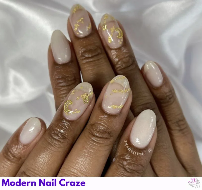 Transparent base nails with detailed star and moon overlays