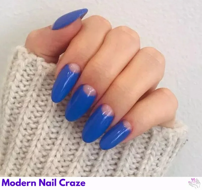True blue manicure with negative space classic half-moon nail design