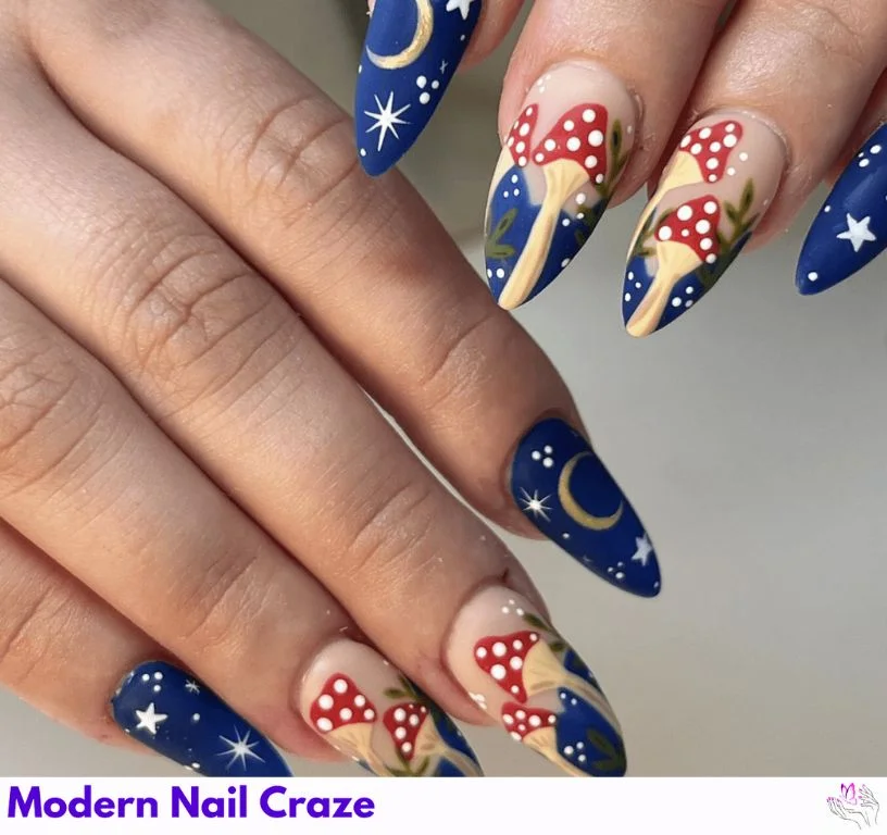 Cute mushroom nail art with fairycore stars and moons