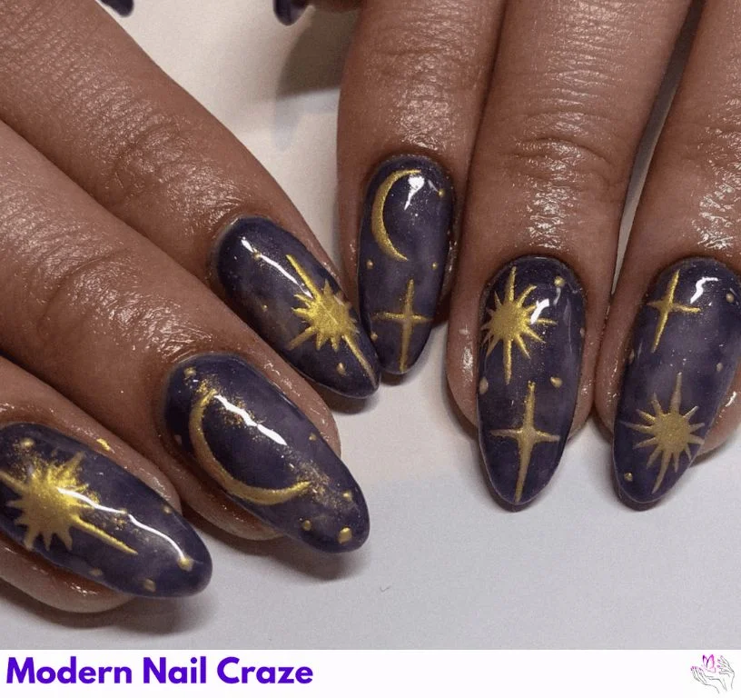 Black galaxy nails with moon phases and gothic symbols