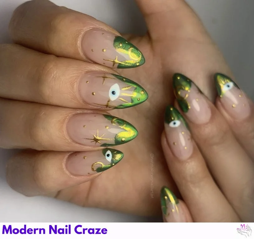 Chrome nail art featuring protective evil eye and celestial stars