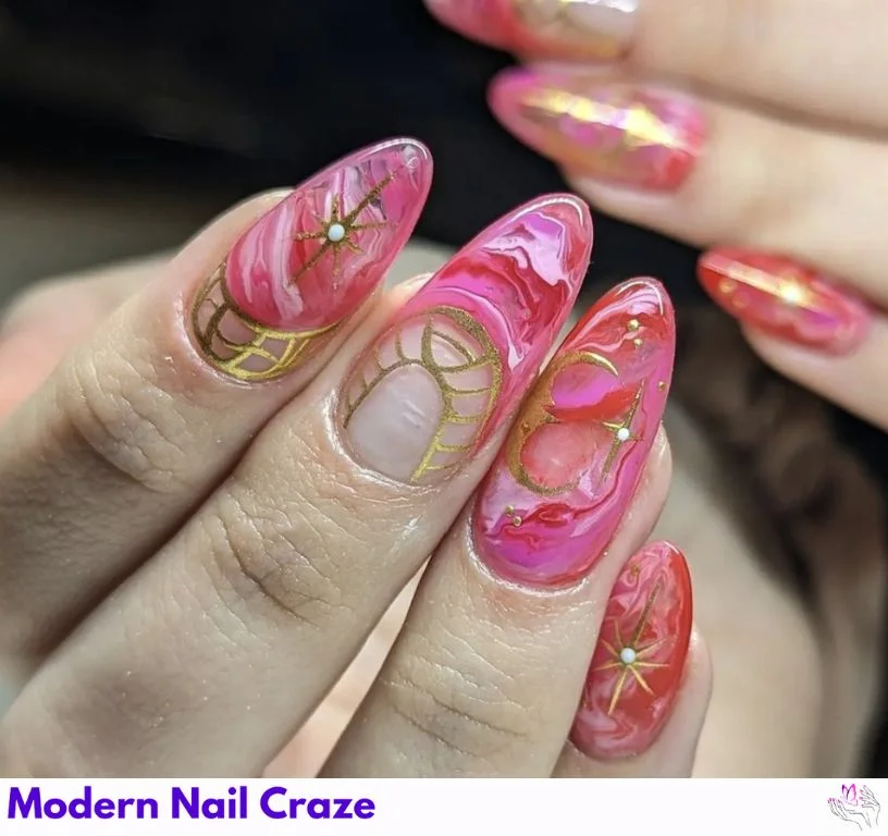 Purple and silver marble nails with iridescent celestial flakes