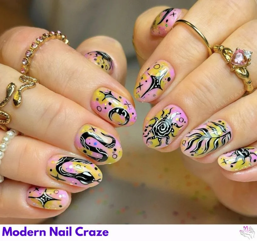 Glamorous celestial nails with chrome fireworks and glitter