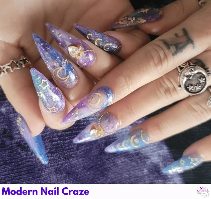Layered poly gel nails with glow-in-the-dark galaxy effects