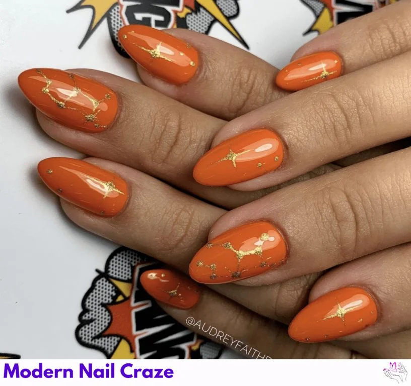 Burnt orange nails with white constellation patterns