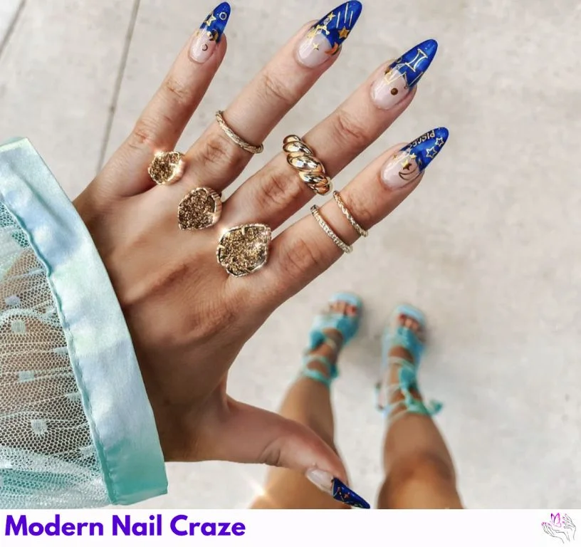 Aqua nails with fish scales and Pisces zodiac constellations