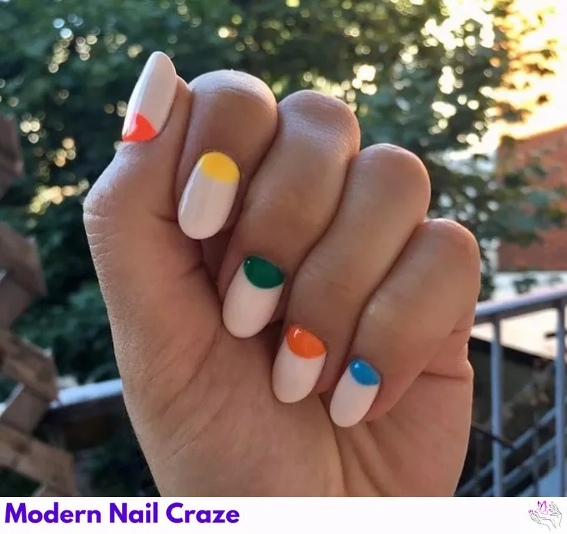 Neutral manicure with multicolored half-moon nail design