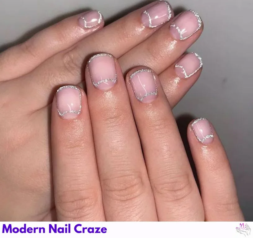 Silver glitter subtle half-moon nails with French tips